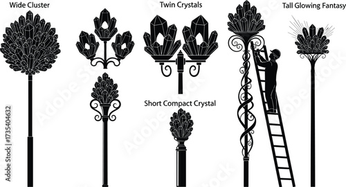 Vector illustration of crystal fantasy street lamps, worker repairing glowing ornate posts, wide cluster lights, twin crystals, short compact elegant design.
