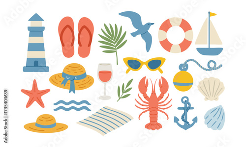Coastal Summer Icons Set Crab, Lifebuoy, Mediterranean summer vacation illustration set, seafood, lobster, shrimp, olive, shell, cocktail. Coastal collection for card, prints, easily editable.