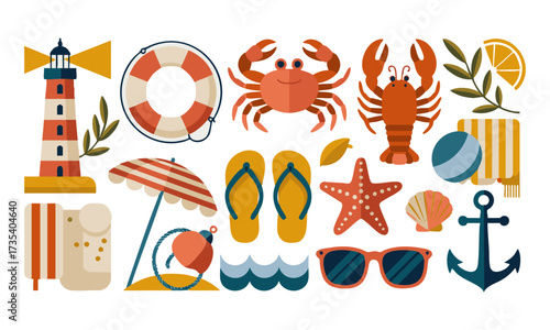 Coastal Summer Icons Set Crab, Lifebuoy, Mediterranean summer vacation illustration set, seafood, lobster, shrimp, olive, shell, cocktail. Coastal collection for card, prints, easily editable.