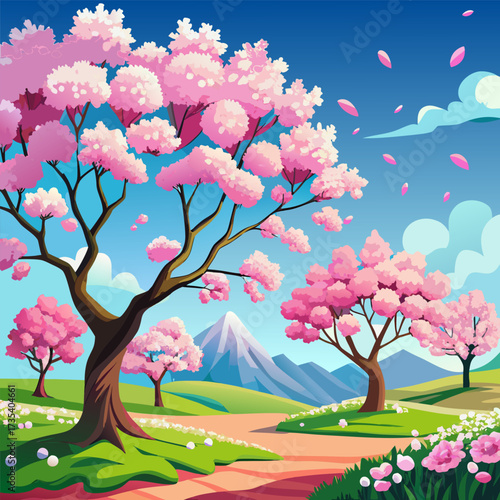 “Spring Landscape with Blooming Cherry Blossom Trees against Blue Sky”