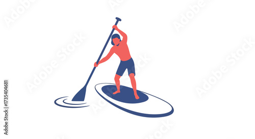 Paddleboarding silhouette on a tranquil water, depicting recreation and exercise, simple illustration of a person enjoying the water sport in clear