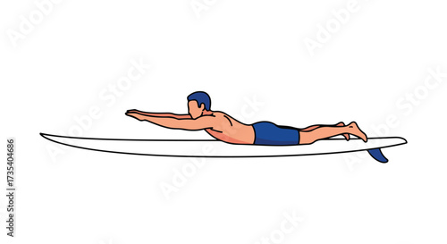 Illustration of a surfer paddling out on a surfboard, showcasing the prone paddling technique for catching the wave, capturing the essence of