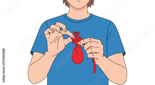 Person tying knot in a red balloon illustration showcasing hand dexterity and balloon tying skills perfect for educational and crafting contexts