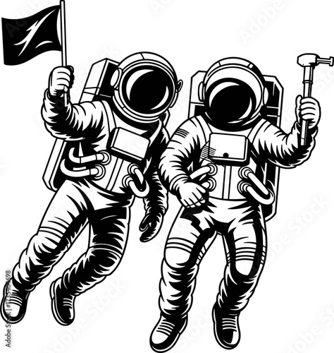 Two astronauts in space suits floating with one holding a black flag and the other holding a tool representing space exploration and adventure