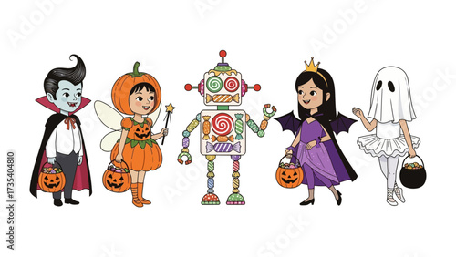 A Colorful Halloween Parade: A vibrant collection of costumed children, embodying the festive spirit with their creative disguises and sweet intentions. 