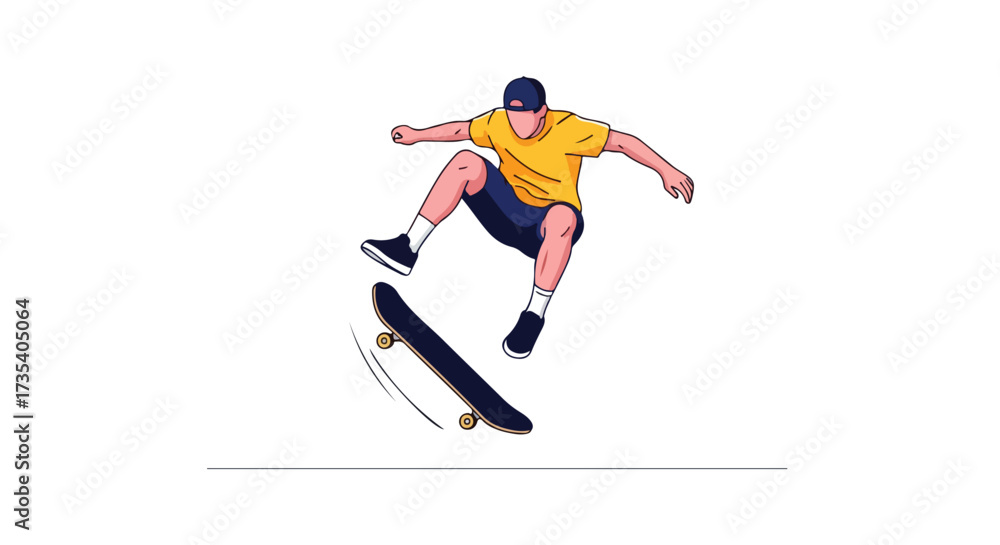 Fototapeta premium Dynamic skateboarder executing an aerial trick with bold outlines against a clean white backdrop offering simplicity and contemporary aesthetic