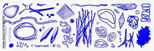 Graphic geometric shape asset pack. Textured, pixelated and bitmap vector figures. Various form stickers. Isolated elements. Vector creative illustration