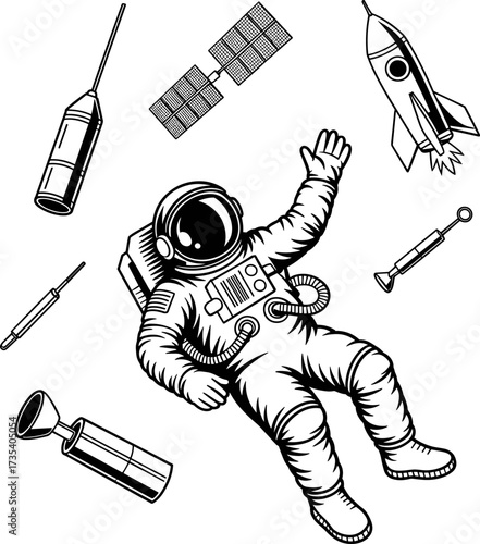 An astronaut floats among various space exploration and scientific equipment as part of a detailed bundle design illustration