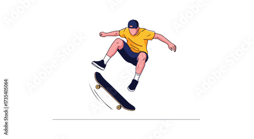 Dynamic skateboarder executing an aerial trick with bold outlines against a clean white backdrop offering simplicity and contemporary aesthetic