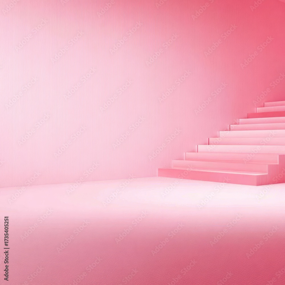 Obraz premium A minimalist, pink interior design featuring a set of steps leading to an empty space.