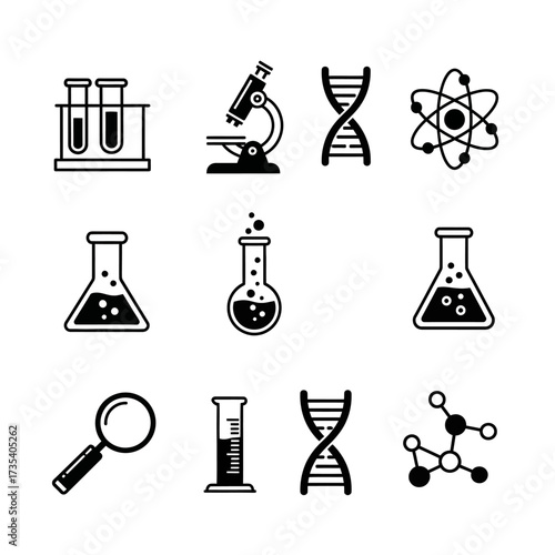 Science and Chemistry Icons Test Tubes Microscope DNA Atom Beakers.