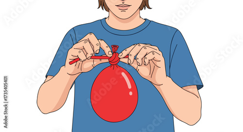 Illustration of a Person Tying a Red Balloon with a Twisting Tool, Preparing for a Celebration or Decoration, Creative Expression