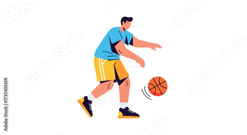 Dynamic cartoon illustration of a basketball player dribbling, showcasing agility and movement on a clean white backdrop for sports content