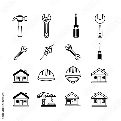 Construction and Repair Tools and Buildings Icons Set in Black and White.