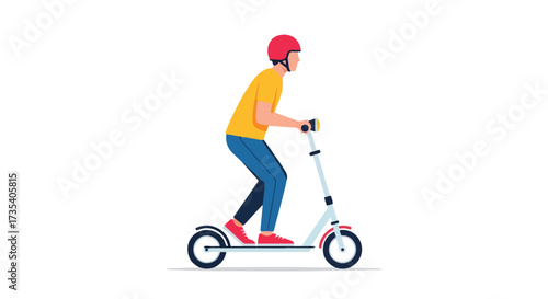 Person riding an electric scooter, wearing helmet and casual wear for urban transport and eco-friendly lifestyle