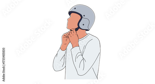 Man fastening his grey vintage helmet before riding a motorbike with cautious preparation for safe travels, isolated on a white background for