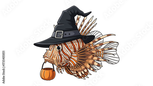 Spooky Lionfish's Halloween: An artistic illustration of a charming lionfish is dressed in a whimsical witch hat, playfully holding a pumpkin bucket.