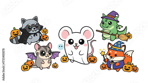Halloween Creatures Gathering: A collection of adorable, cartoonish Halloween characters, including a playful ghost and a cast of charming creatures like raccoon, fox, bat, mouse, and dragon.