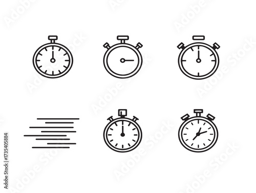 Clean stock vector design showing six time fast icons in minimalist line art style