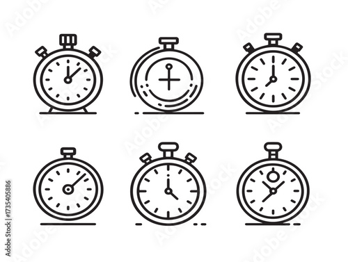 Six stylish time check minimalist vector icons in elegant line art pack