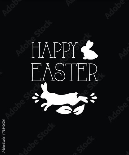 Happy easter text with jumping bunny and silhouette rabbits