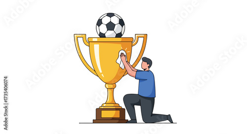 Celebrating Victory: A Soccer Champion Polishes the Golden Trophy of Success and Achievement with a Ball