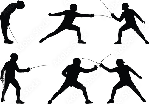 Silhouette fencing athletes, sword fighting poses, fencing lunge, parry stance, combat sport,