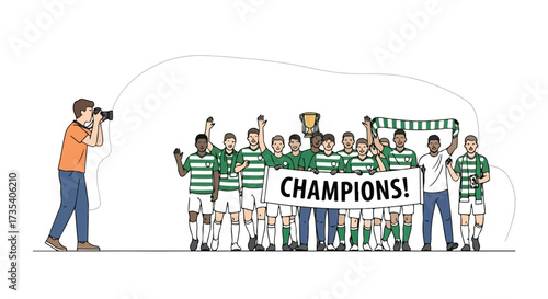 Celebratory illustration of a soccer team winning a championship, captured by a photographer's lens, showcasing joyous victory