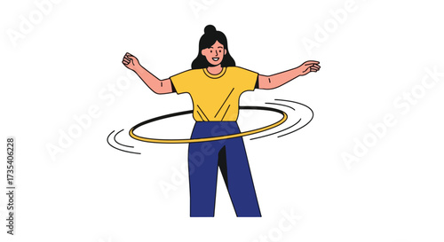 Energetic woman spinning hula hoop on white backdrop in playful recreational fitness activity illustration