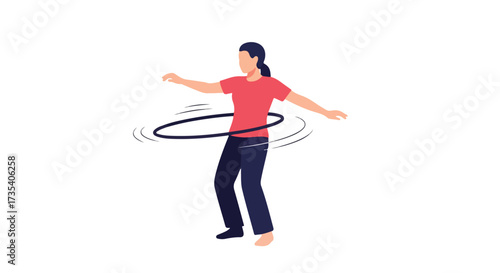 Animated woman enjoying a hula hoop session, displaying a modern fitness approach and active lifestyle with a playful exercise routine indoors