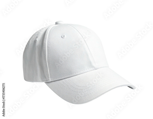 Isolated white baseball cap with curved visor and crown detail, against black
