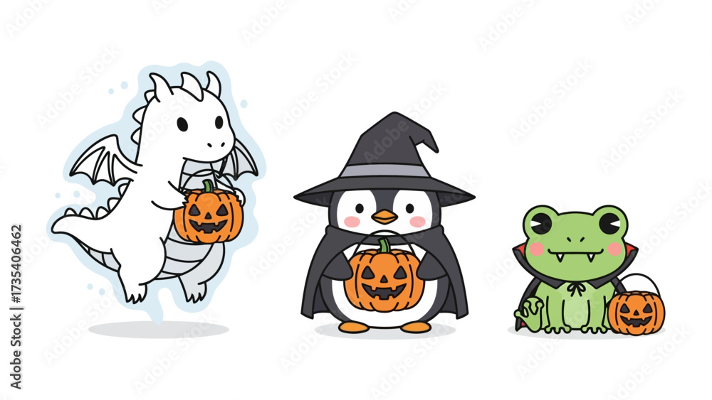 Obraz premium Whimsical Halloween Creatures: A delightful trio of charming cartoon creatures, each holding a carved pumpkin, celebrating Halloween with joy and playful spirit. 