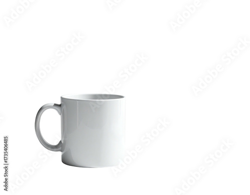 A white ceramic mug with a rounded handle stands isolated against a black background