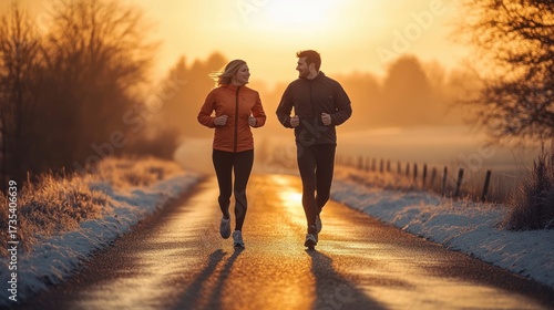 Wallpaper Mural Couple jogging together on a quiet rural road at sunrise with winter landscape and warm golden light, both smiling and enjoying the activity Torontodigital.ca