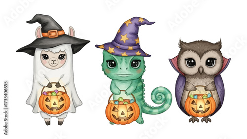 Halloween Trio: An owl, chameleon and llama, each adorning a festive costume, cradle miniature pumpkin pails, a delightful depiction of Halloween joy.