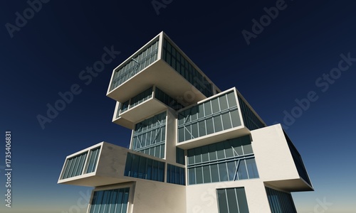 View perspective architectural office building over blue sky scene 3d render wallpaper background