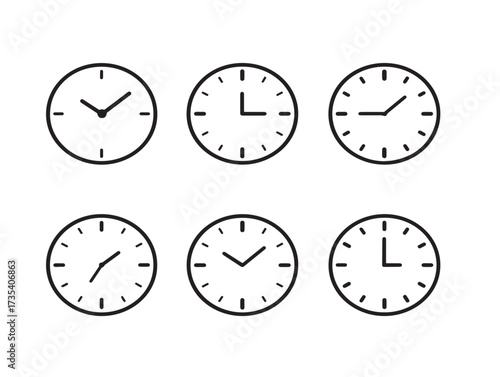Elegant stock vector design with six minimalist quarter past time icons in line art