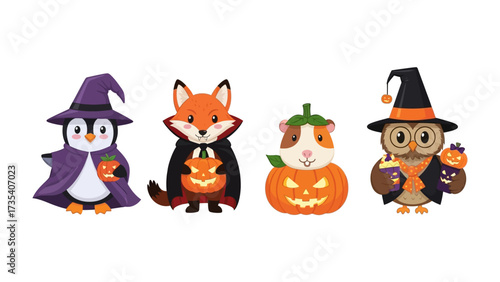 Halloween Animals in Costume: An adorable ensemble of costumed animals—a penguin, fox, hamster, and owl—ready for a fun-filled Halloween.