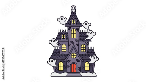 Spooky Haunted House with Ghost: A whimsical illustration of a haunting house, with ghostly figures frolicking in an atmospheric illustration of fright night.