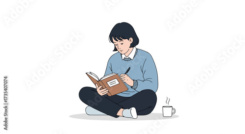 Illustrative depiction of a young woman engrossed in writing within her personal journal with accompanying beverage nearby
