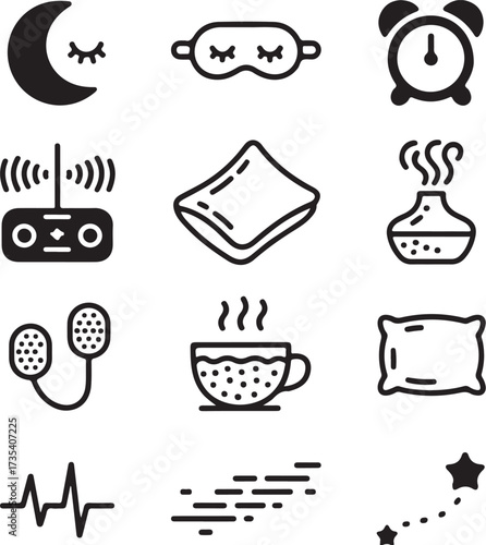 Nine Different Sleep Aid Devices Line Art Icons on White Background collection