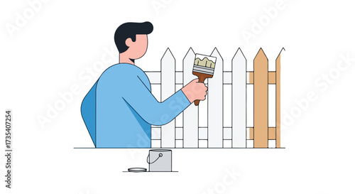 Stylized Illustration of a Person Painting a Picket Fence on a Sunny Day Creating Home Improvements and Repairs for the Residential Exterior