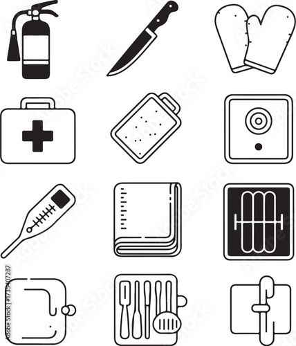 Set of nine kitchen safety line art icons with transparent background cooking food preparation