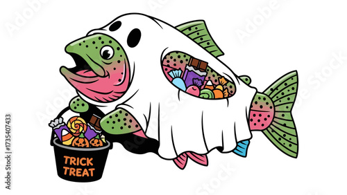 Halloween Fish: This spirited illustration captures the essence of Halloween with a whimsical, colorfully dressed fish costume overflowing with treats.