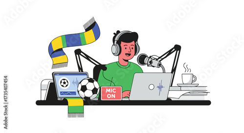 Passionate Football Podcaster Broadcasting Live from Home Studio with Soccer Enthusiasm and Animated Graphics for Digital Audience Engagement