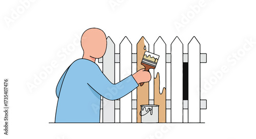Anonymized figure painting a wooden fence with a brush and bucket of paint in a whimsical cartoon style illustration