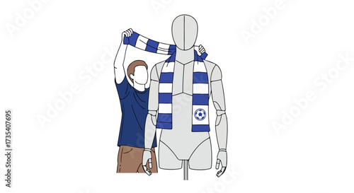 Illustration depicting a fan placing a team scarf on a mannequin, symbolizing unwavering support for a sports team through thick and thin