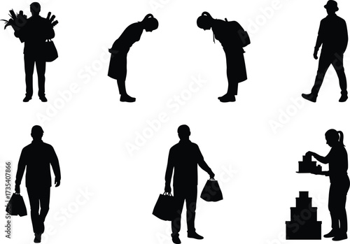 Silhouette people shopping, carrying groceries, bowing posture, retail activity, shopping bags,