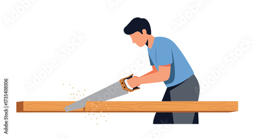 Illustrated Carpenter Skillfully Cutting Wood Plank with Hand Saw with Precision and Focus showcasing carpentry work and craftsmanship in cartoon