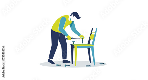 Artistic portrayal of a person repairing a chair with a screwdriver in a workshop setting, showcasing craftsmanship and restoration skills